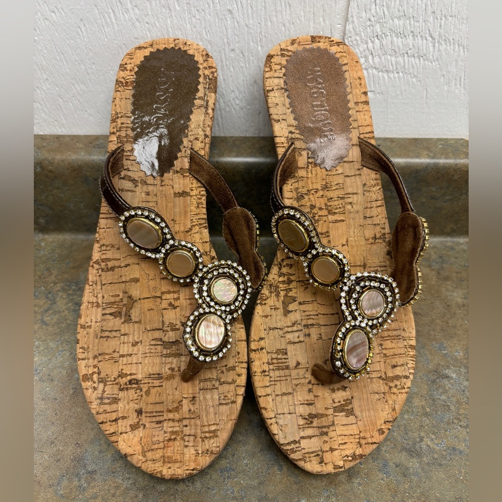 Mystique bejeweled flip flop, thong wedge